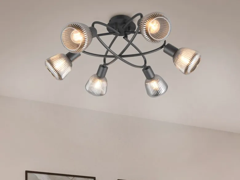 Große LED Deckenleuchte 6-flammig mit Glasschirmen Chrom bedampft, Ø 59cm