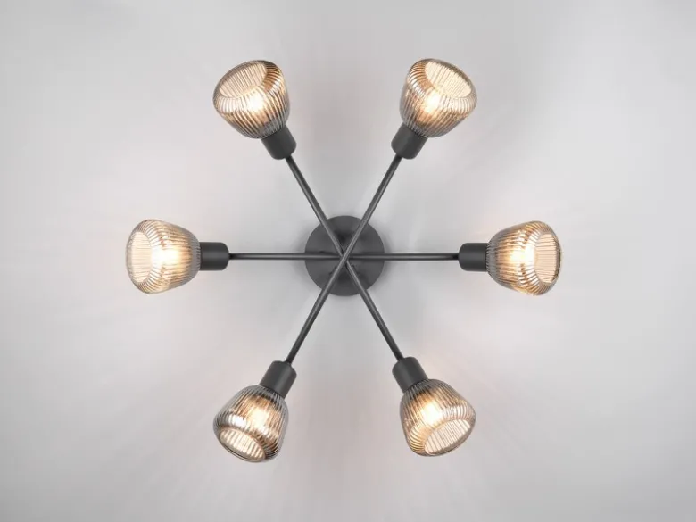 Große LED Deckenleuchte 6-flammig mit Glasschirmen Chrom bedampft, Ø 59cm