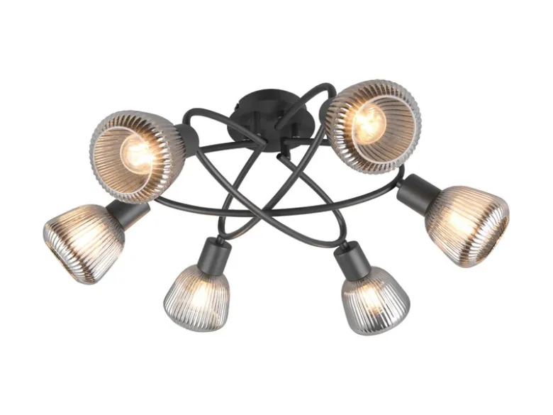 Große LED Deckenleuchte 6-flammig mit Glasschirmen Chrom bedampft, Ø 59cm