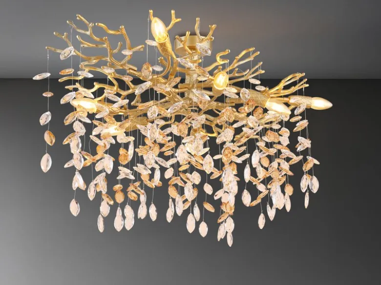 Große LED Deckenleuchte Gold 7-flammig Glas Kristall 2-farbig, Breite 85cm