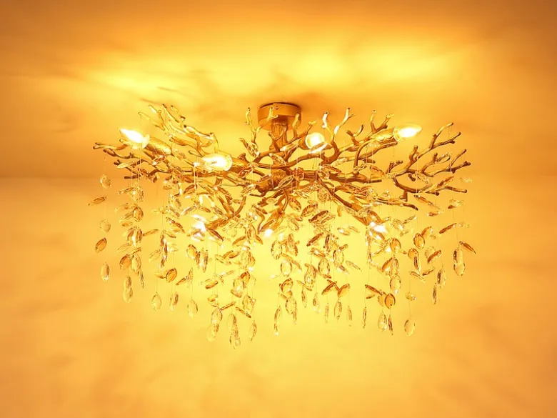 Große LED Deckenleuchte Gold 7-flammig Glas Kristall 2-farbig, Breite 85cm