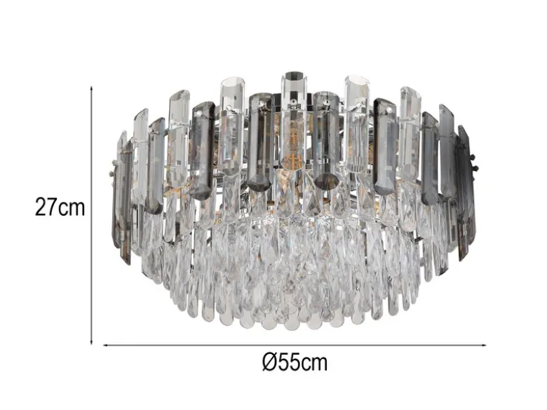 Große LED Deckenleuchte mit Acryl Kristallen und Rauchglas Stäben, Ø 55cm