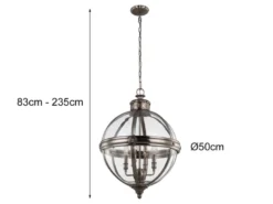 Große LED Jugendstil Pendelleuchte aus massivem Stahl in Silber Antik, Ø 50cm