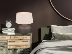 Große LED Keramik Tischleuchte braun mit Stoffschirm in beige, Höhe 46cm