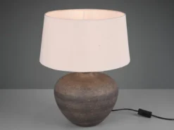 Große LED Keramik Tischleuchte braun mit Stoffschirm in beige, Höhe 46cm