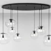 Große LED Pendelleuchte achtflammig Kugel Glasschirme transparent Breite 166cm