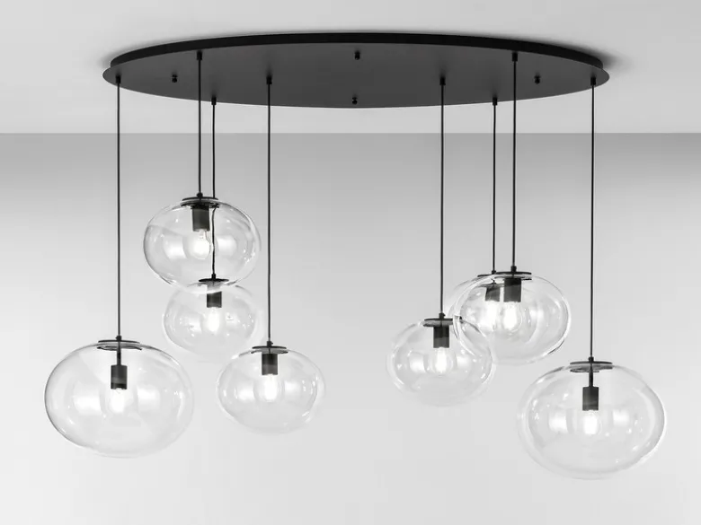 Große LED Pendelleuchte achtflammig Kugel Glasschirme transparent Breite 166cm