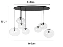 Große LED Pendelleuchte achtflammig Kugel Glasschirme transparent Breite 166cm