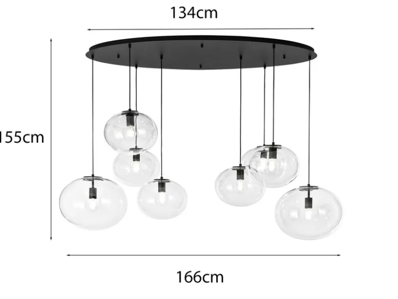 Große LED Pendelleuchte achtflammig Kugel Glasschirme transparent Breite 166cm