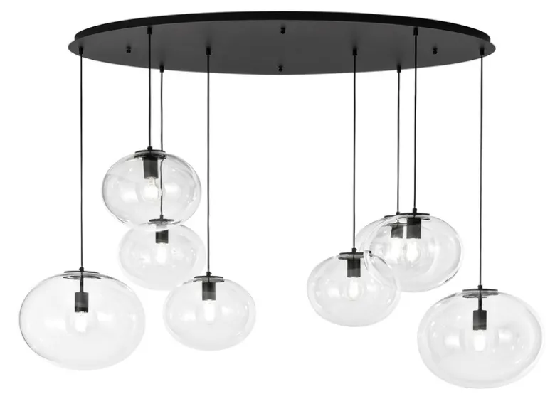 Große LED Pendelleuchte achtflammig Kugel Glasschirme transparent Breite 166cm