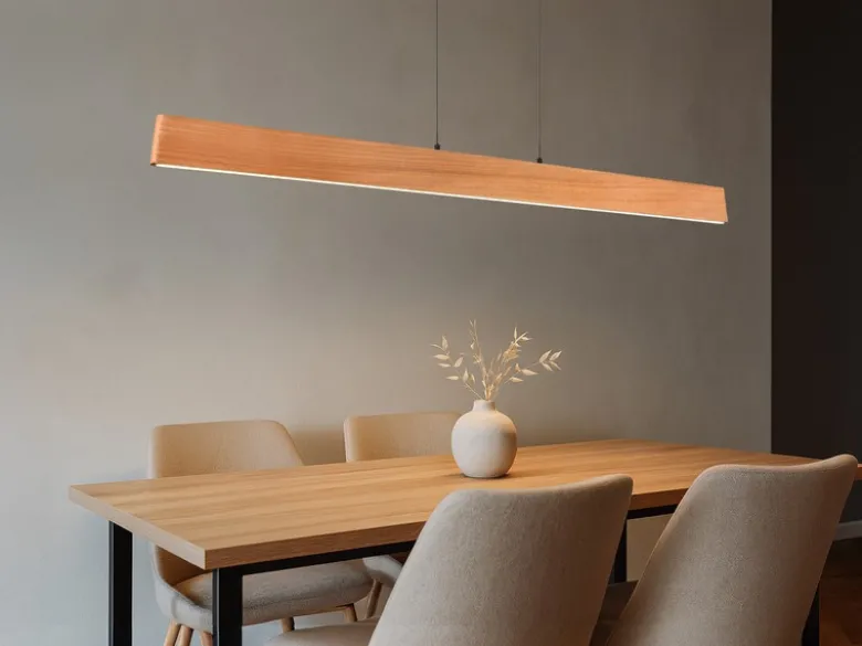 Große LED Pendelleuchte EDGEWOOD mit Holz, dimmbar & höhenverstellbar, B: 150cm