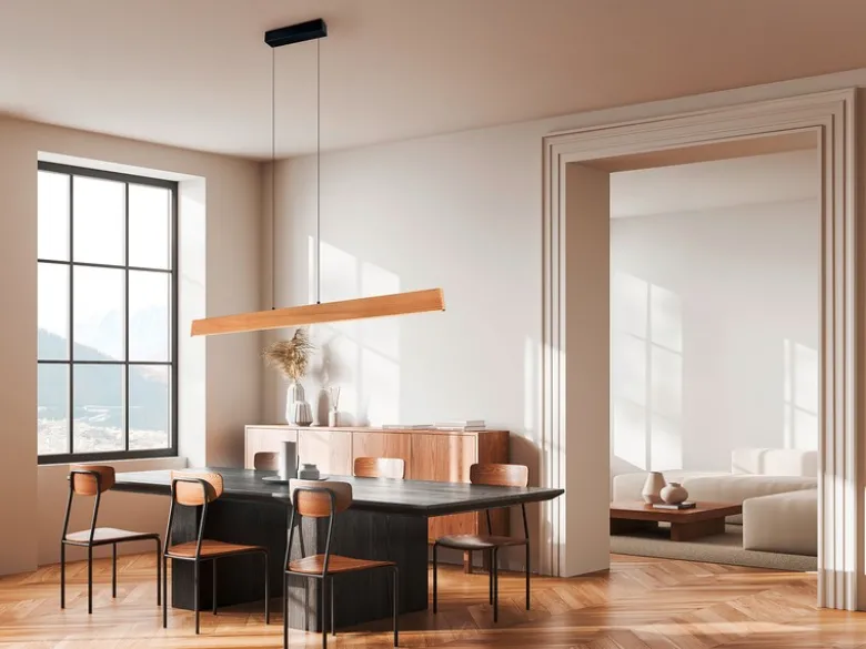 Große LED Pendelleuchte EDGEWOOD mit Holz, dimmbar & höhenverstellbar, B: 150cm