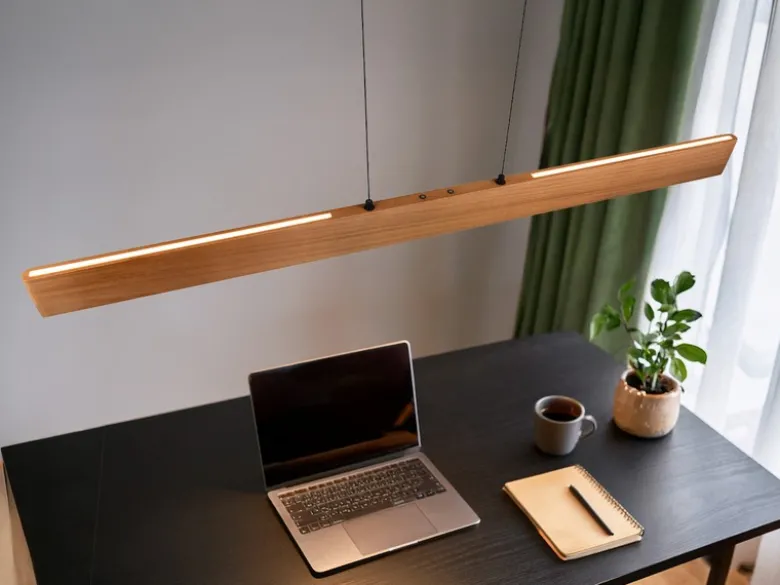 Große LED Pendelleuchte EDGEWOOD mit Holz, dimmbar & höhenverstellbar, B: 150cm