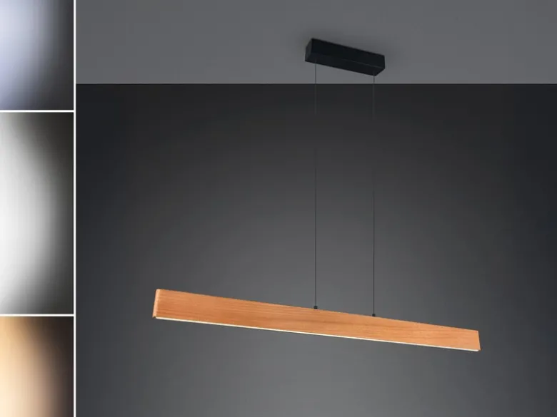 Große LED Pendelleuchte EDGEWOOD mit Holz, dimmbar & höhenverstellbar, B: 150cm