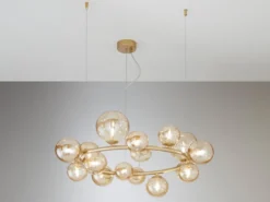 Große LED Pendelleuchte 16-flammig Gold-Glaskugeln Bernsteinfarbig, Ø 82cm