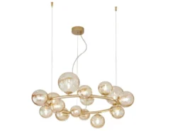 Große LED Pendelleuchte 16-flammig Gold-Glaskugeln Bernsteinfarbig, Ø 82cm