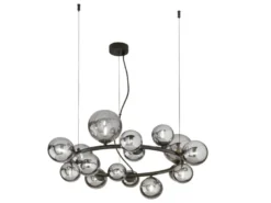 Große LED Pendelleuchte 16-flammig Schwarz-Glaskugeln Rauchglas, Ø 82cm