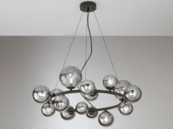 Große LED Pendelleuchte 16-flammig Schwarz-Glaskugeln Rauchglas, Ø 82cm
