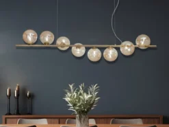 Große LED Pendelleuchte 8-flammig Gold-Glaskugeln Bernstein, Breite 145cm