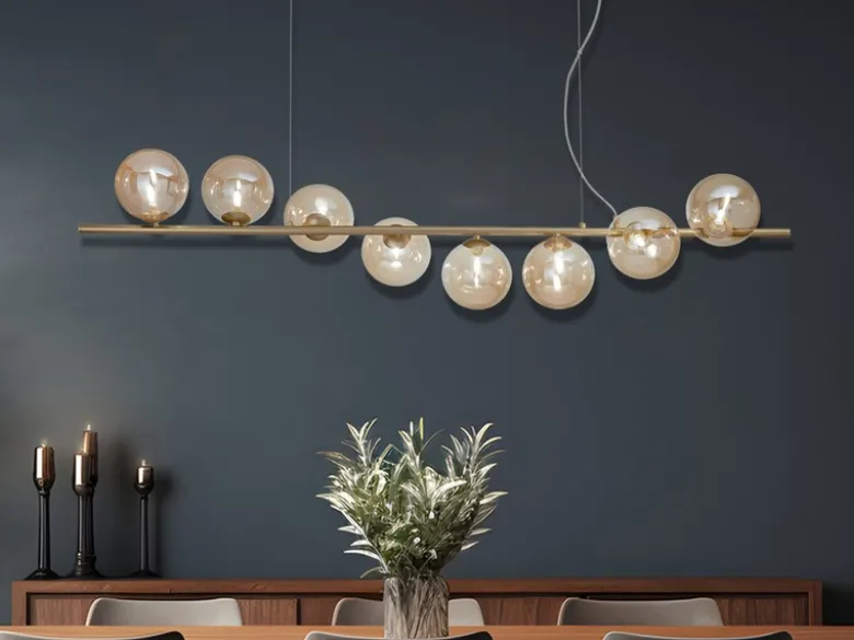 Große LED Pendelleuchte 8-flammig Gold-Glaskugeln Bernstein, Breite 145cm