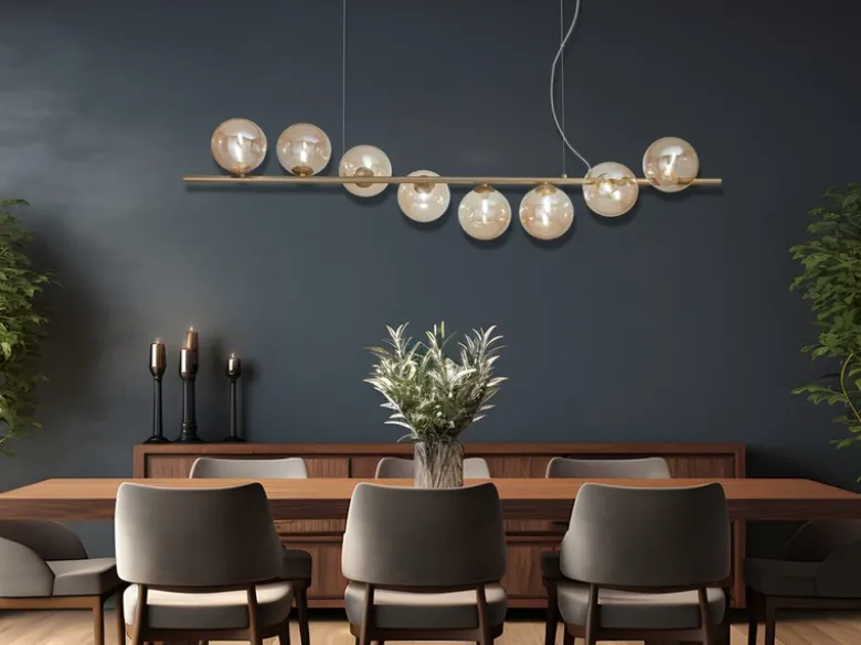 Große LED Pendelleuchte 8-flammig Gold-Glaskugeln Bernstein, Breite 145cm