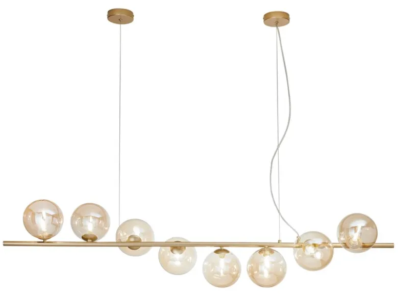 Große LED Pendelleuchte 8-flammig Gold-Glaskugeln Bernstein, Breite 145cm