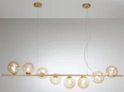 Große LED Pendelleuchte 8-flammig Gold-Glaskugeln Bernstein, Breite 145cm