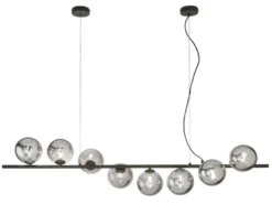 Große LED Pendelleuchte 8-flammig Schwarz-Glaskugeln Rauchglas, Breite 145cm