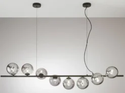 Große LED Pendelleuchte 8-flammig Schwarz-Glaskugeln Rauchglas, Breite 145cm