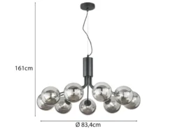 Große LED Pendelleuchte 9-flammig Schwarz mit Glaskugeln Rauchglas, Ø 83cm