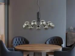 Große LED Pendelleuchte 9-flammig Schwarz mit Glaskugeln Rauchglas, Ø 83cm