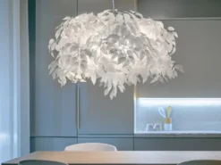 Große LED Pendelleuchte mit Blätter Lampenschirm in Weiß Ø 70cm