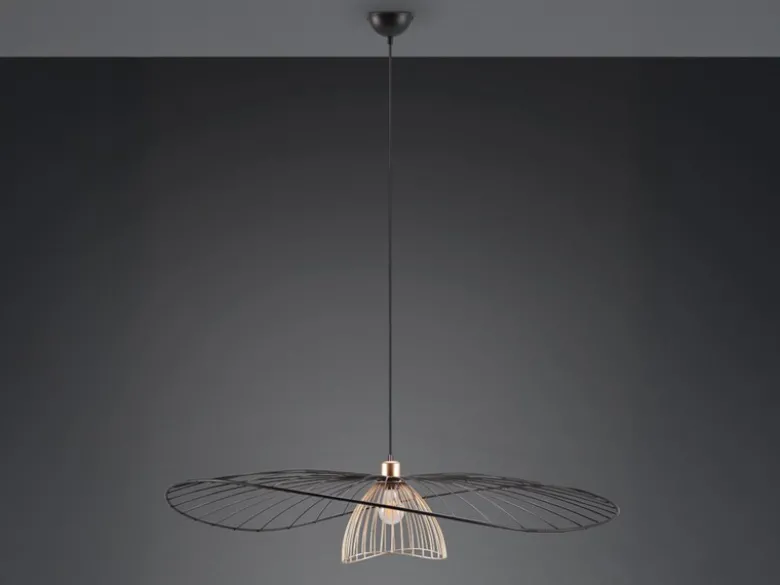 Große LED Pendelleuchte mit Gitter Lampenschirm Schwarz Gold, Ø 100cm