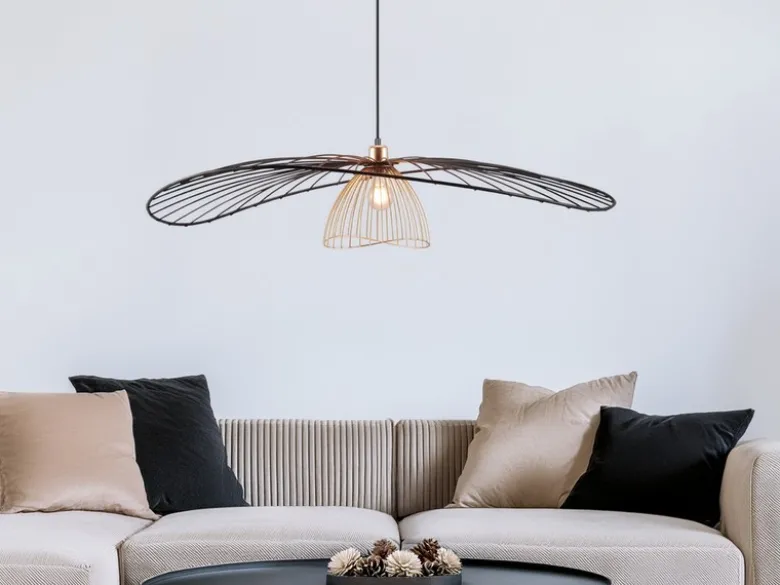 Große LED Pendelleuchte mit Gitter Lampenschirm Schwarz Gold, Ø 100cm