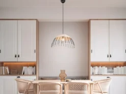 Große LED Pendelleuchte mit Lampenschirm aus Rattan & Draht, Ø 48cm
