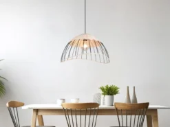 Große LED Pendelleuchte mit Lampenschirm aus Rattan & Draht, Ø 48cm