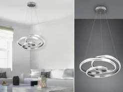 Große LED Pendelleuchte NURIA dimmbar geschwungen Silber, Ø 60cm
