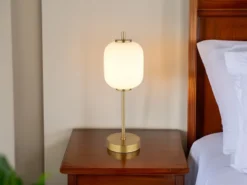 Große LED Retro Tischleuchte EWALD aus Metall in Messing & Opalglas, Höhe 40cm