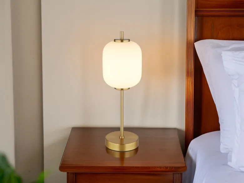 Große LED Retro Tischleuchte EWALD aus Metall in Messing & Opalglas, Höhe 40cm
