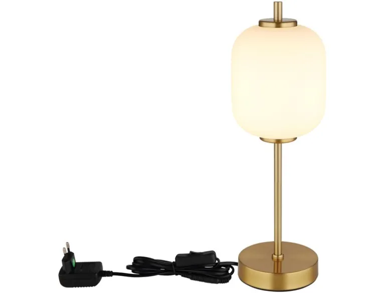 Große LED Retro Tischleuchte EWALD aus Metall in Messing & Opalglas, Höhe 40cm