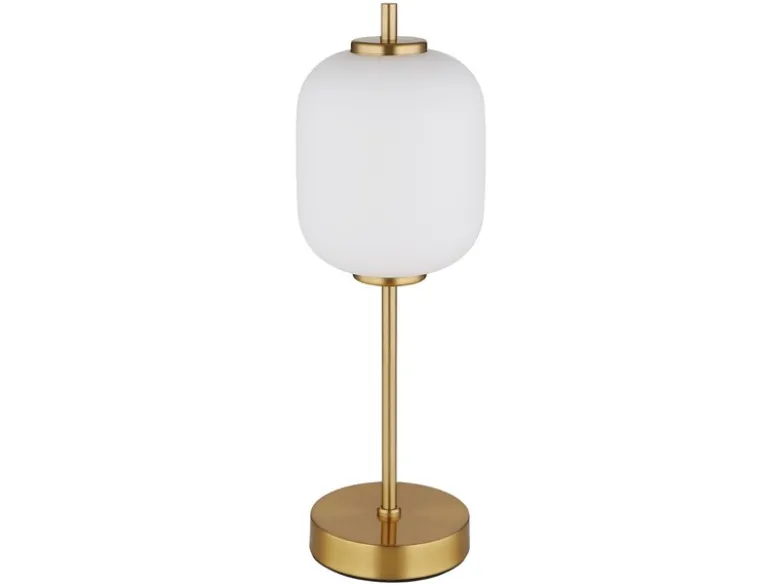 Große LED Retro Tischleuchte EWALD aus Metall in Messing & Opalglas, Höhe 40cm