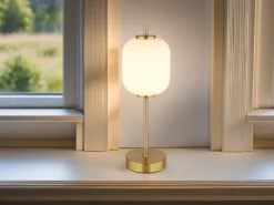Große LED Retro Tischleuchte EWALD aus Metall in Messing & Opalglas, Höhe 40cm