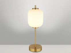 Große LED Retro Tischleuchte EWALD aus Metall in Messing & Opalglas, Höhe 40cm