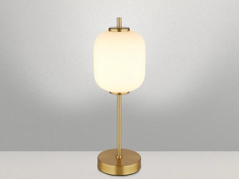 Große LED Retro Tischleuchte EWALD aus Metall in Messing & Opalglas, Höhe 40cm