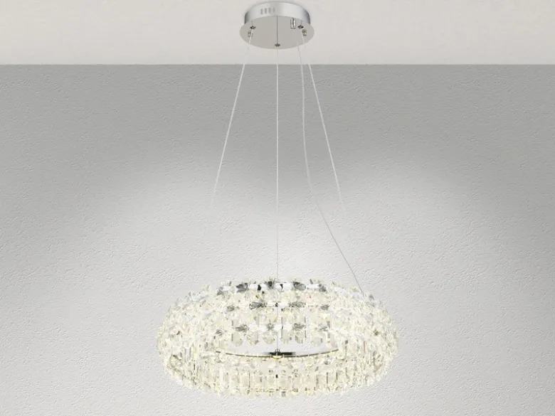 Große LED Ring Pendelleuchte DIANN mit Glaskristallen in Blütenoptik, Ø 60cm