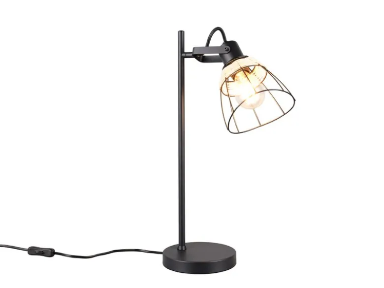 Große LED Schreibtischleuchte mit Rattan & Gitter Lampenschirm, Höhe 50cm