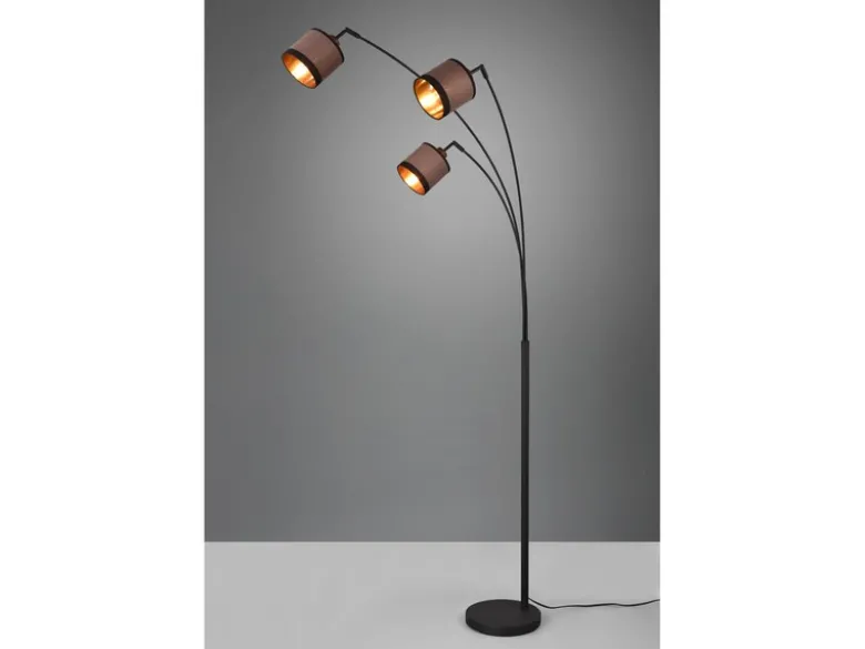 Große LED Stehleuchte 3-flammig mit Stoffschirmen in Taupe/Gold, Höhe 185cm
