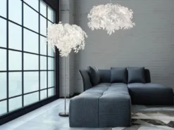 Große LED Stehleuchte mit Blätter Lampenschirm Weiß, Höhe 180cm