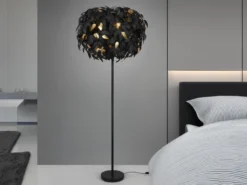 Große LED Stehleuchte mit Blätter Lampenschirm Schwarz Gold, Höhe 180cm