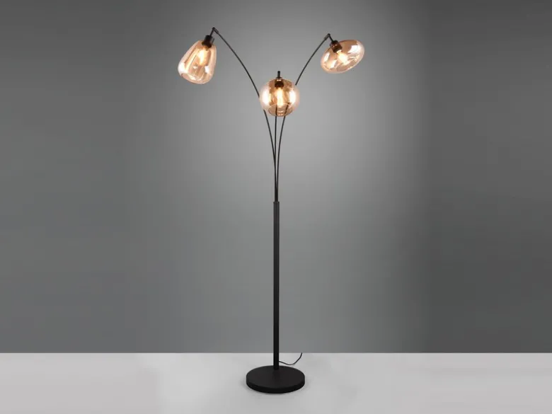 Große LED Stehleuchte mit 3 Glas Lampenschirmen amberfarbig, H: 200cm